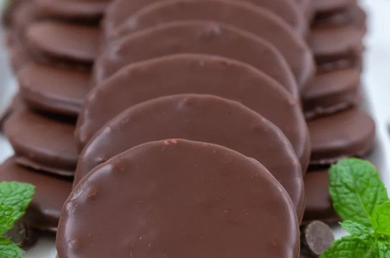Delicious homemade Thin Mints Girl Scouts cookies on a plate.