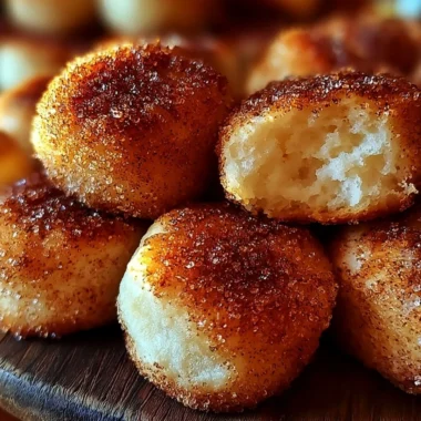 Close-up of indulgent cinnamon sugar biscuit bites on a wooden table