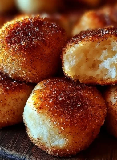 Close-up of indulgent cinnamon sugar biscuit bites on a wooden table