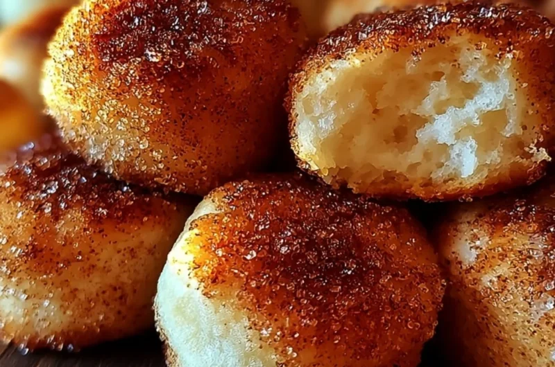 Close-up of indulgent cinnamon sugar biscuit bites on a wooden table