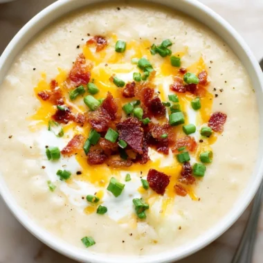 Bowl of creamy loaded potato soup topped with cheese and green onions