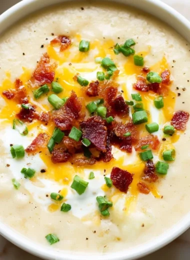Bowl of creamy loaded potato soup topped with cheese and green onions