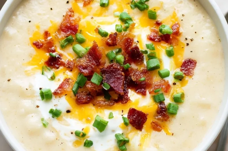 Bowl of creamy loaded potato soup topped with cheese and green onions