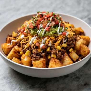 Delicious loaded potato taco bowl topped with fresh ingredients