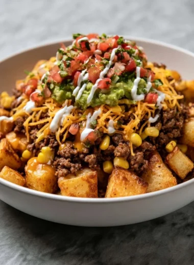 Delicious loaded potato taco bowl topped with fresh ingredients
