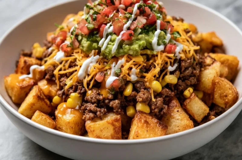 Delicious loaded potato taco bowl topped with fresh ingredients