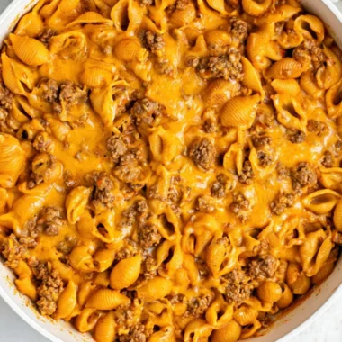 Homemade Hamburger Helper with pasta and ground beef in a creamy sauce