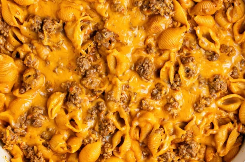 Homemade Hamburger Helper with pasta and ground beef in a creamy sauce