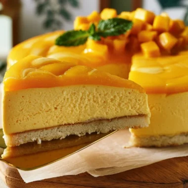 Delicious Mango Mousse Cake topped with fresh mango slices and whipped cream