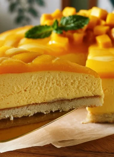 Delicious Mango Mousse Cake topped with fresh mango slices and whipped cream