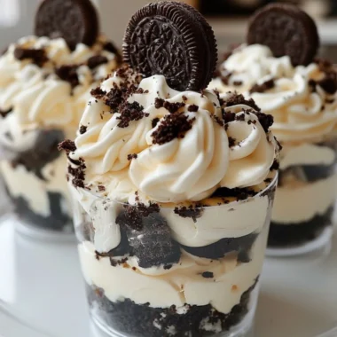No-Bake Oreo Cheesecake Cups served in clear cups with Oreo cookies