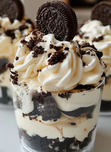 No-Bake Oreo Cheesecake Cups served in clear cups with Oreo cookies
