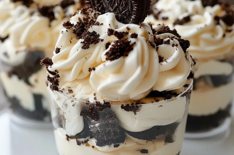 No-Bake Oreo Cheesecake Cups served in clear cups with Oreo cookies