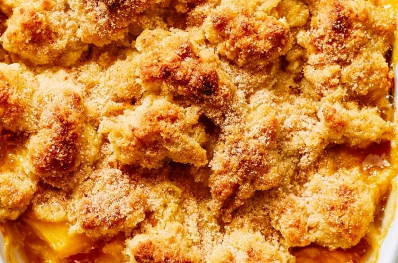 Delicious homemade peach cobbler dessert with sweet peaches and golden crust