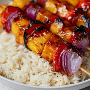 Delicious Pineapple Chicken Kabobs on a grill with colorful vegetables