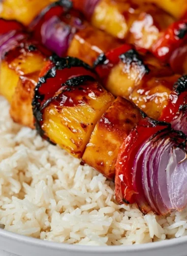 Delicious Pineapple Chicken Kabobs on a grill with colorful vegetables