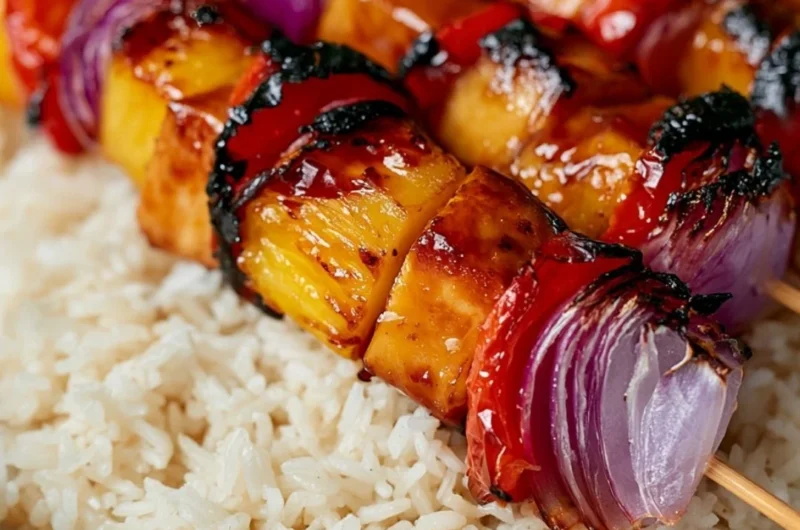 Delicious Pineapple Chicken Kabobs on a grill with colorful vegetables