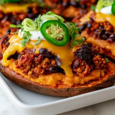 Protein loaded sweet potato boats topped with nutritious ingredients.