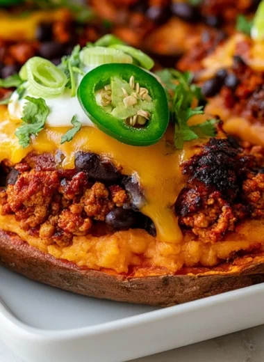 Protein loaded sweet potato boats topped with nutritious ingredients.