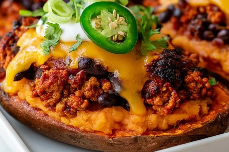 Protein loaded sweet potato boats topped with nutritious ingredients.
