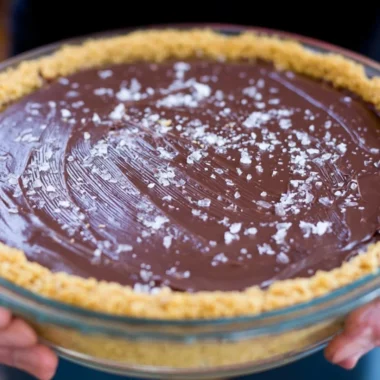 Delicious Salted Bourbon Chocolate Pie with a rich chocolate filling and sea salt