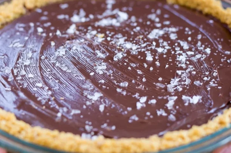 Delicious Salted Bourbon Chocolate Pie with a rich chocolate filling and sea salt