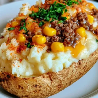 Delicious Shepherd's Pie baked potato topped with savory filling