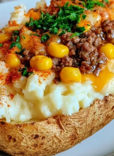 Delicious Shepherd's Pie baked potato topped with savory filling