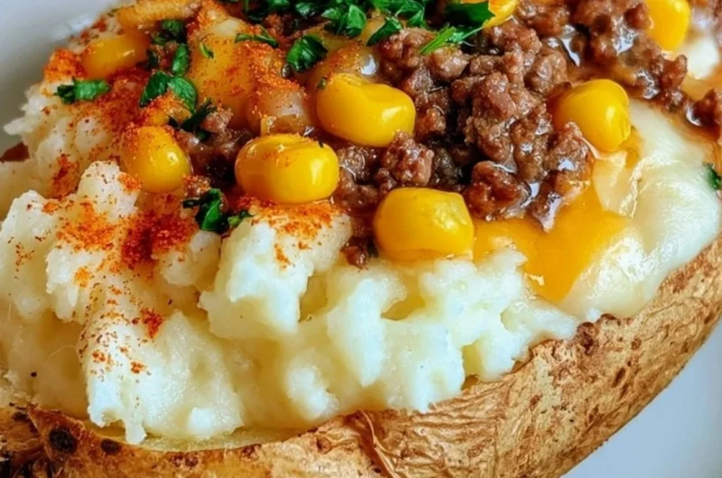 Delicious Shepherd's Pie baked potato topped with savory filling