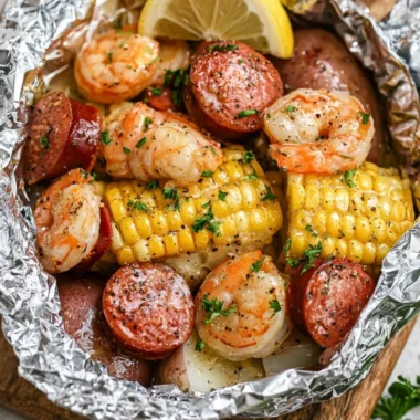 Shrimp boil foil packets ready for grilling with fresh ingredients