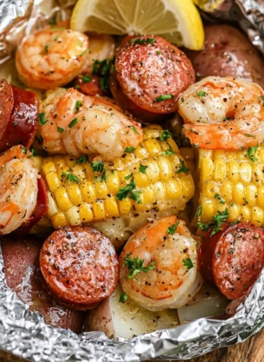 Shrimp boil foil packets ready for grilling with fresh ingredients