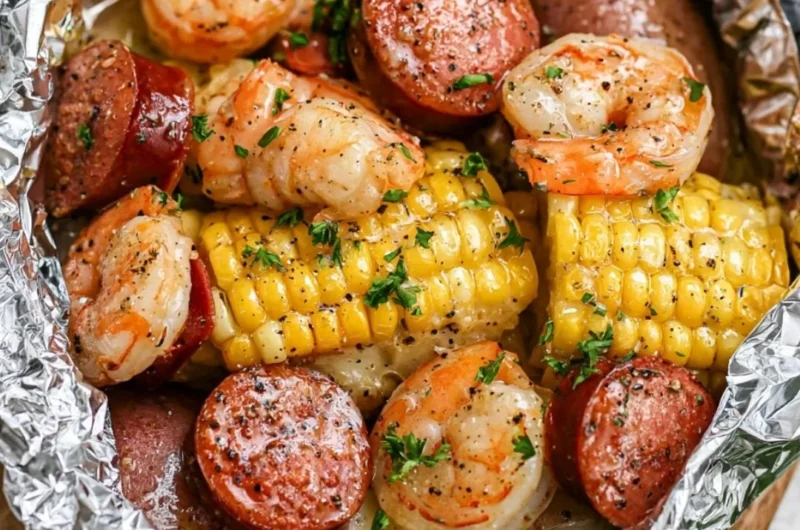 Shrimp boil foil packets ready for grilling with fresh ingredients