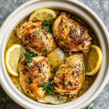 Slow cooker lemon herb chicken served with fluffy rice