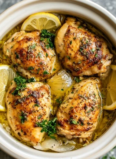 Slow cooker lemon herb chicken served with fluffy rice