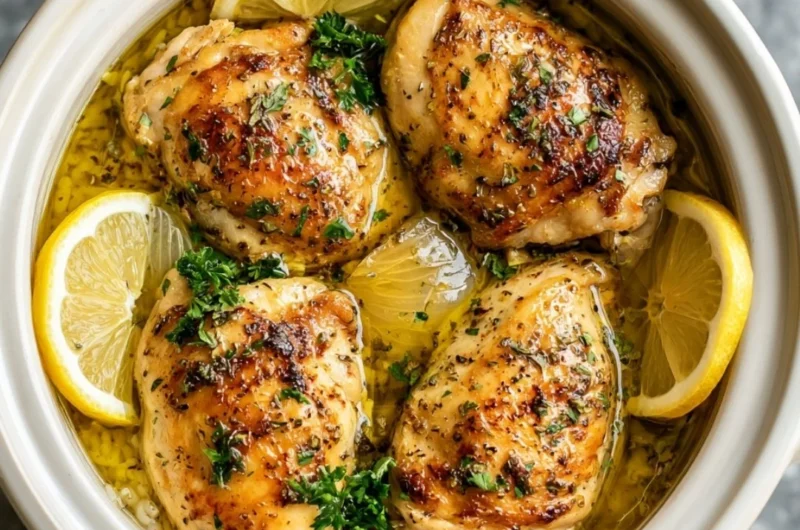 Slow cooker lemon herb chicken served with fluffy rice