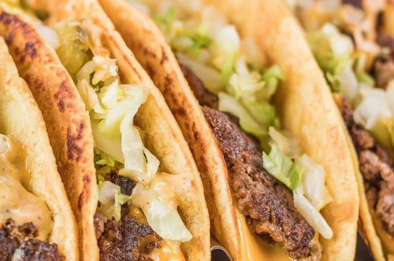 Smash Burger Tacos with juicy beef, fresh toppings, and taco shells