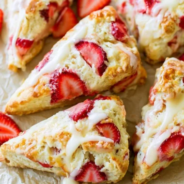 Freshly baked strawberries and cream scones on a plate