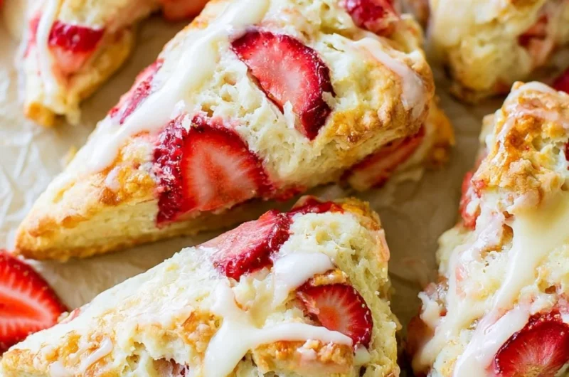 Freshly baked strawberries and cream scones on a plate