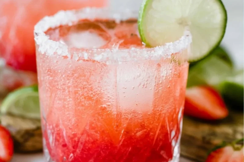Strawberry Lime Mocktail Margarita in a glass with fresh strawberries and limes