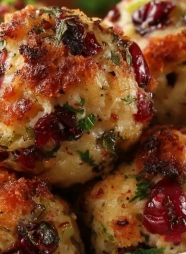 Homemade stuffing balls served on a plate with herbs and spices