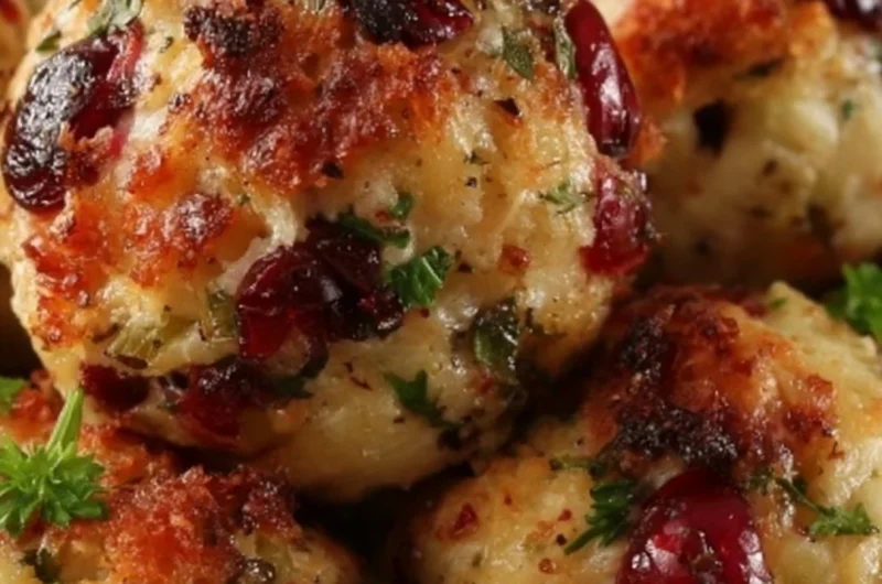 Homemade stuffing balls served on a plate with herbs and spices