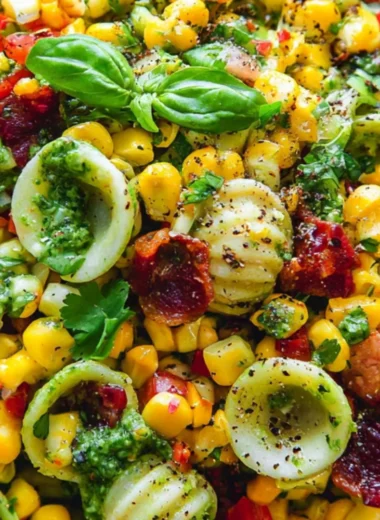 Summer pasta salad with corn, bell pepper, bacon, and creamy pesto dressing