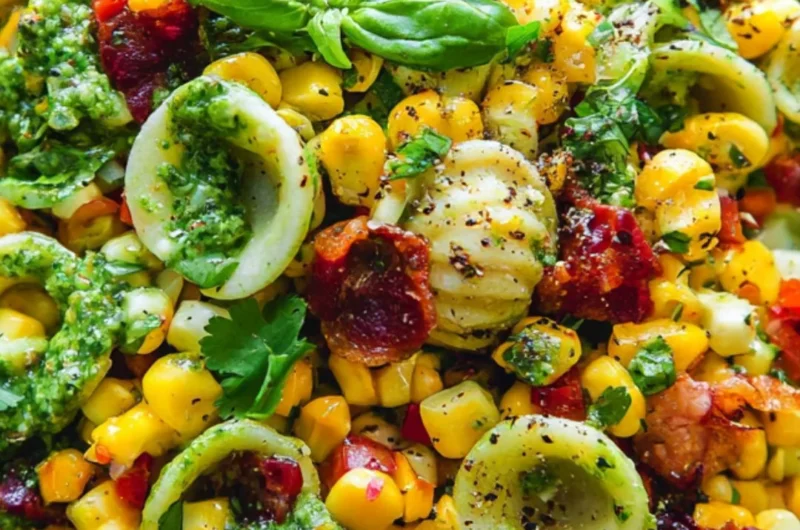 Summer pasta salad with corn, bell pepper, bacon, and creamy pesto dressing