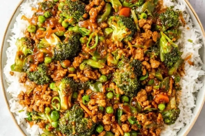 Teriyaki ground turkey dish with broccoli and peas