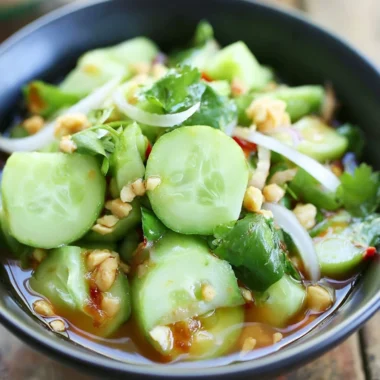 Delicious Thai cucumber salad garnished with fresh herbs and spices