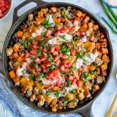 Turkey Sweet Potato Skillet dish garnished and ready to serve