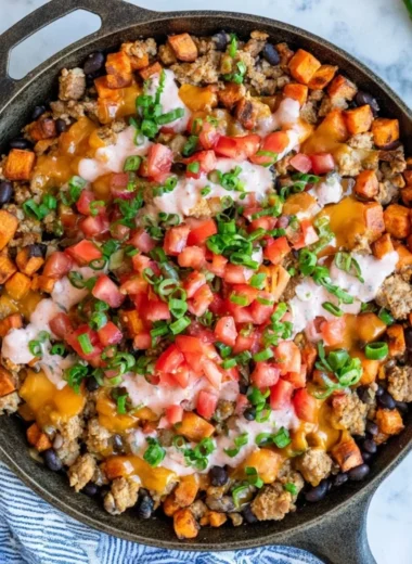 Turkey Sweet Potato Skillet dish garnished and ready to serve