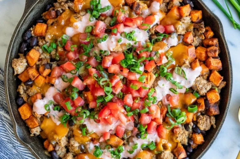 Turkey Sweet Potato Skillet dish garnished and ready to serve