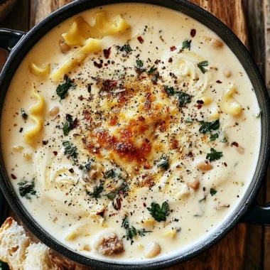 Bowl of creamy white lasagna soup topped with cheese and fresh herbs