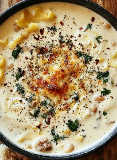 Bowl of creamy white lasagna soup topped with cheese and fresh herbs